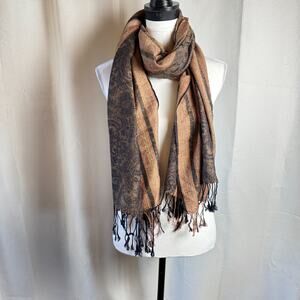 Pashmina Cashmere Wool Long Gray Earth Tone Striped Luxury Scarf 70x27" in EUC